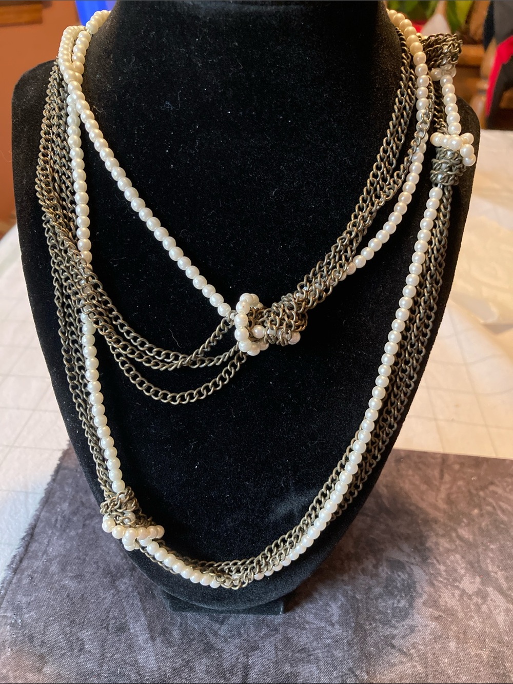 Multi-Strand White Bead and Chain Statement Necklace - White and Antique Silver